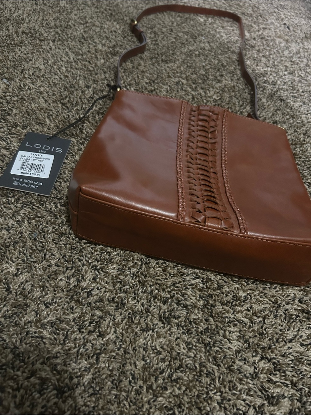 Lodis Cognac Brown Leather Woven-Trim Crossbody Bag